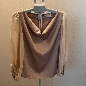 MELLODAY Taupe and Cream Cowl Neck Blouse